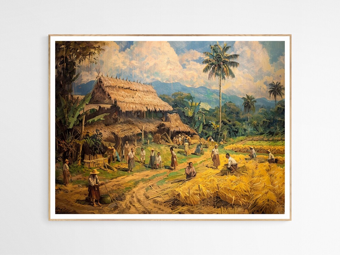 Filipino Rice Harvest Village Scene Traditional Painting Art Print