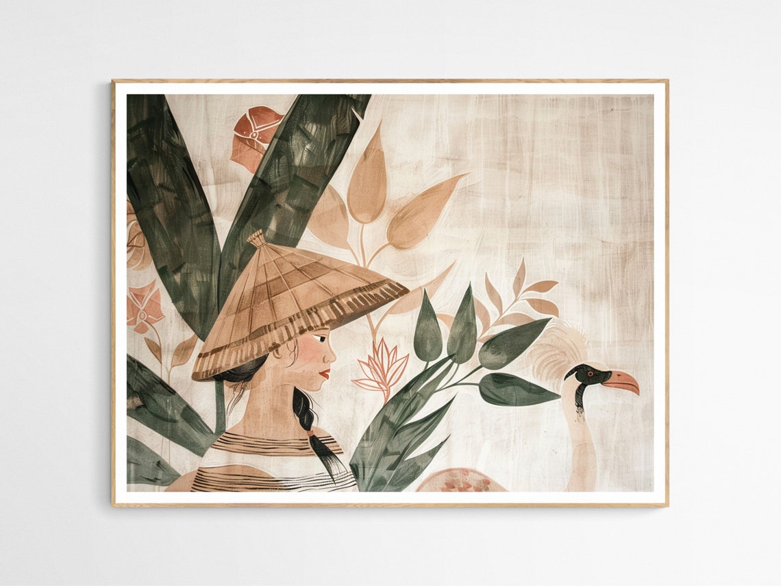 Filipina Woman Conical Hat Tropical Bird Botanical Art Poster