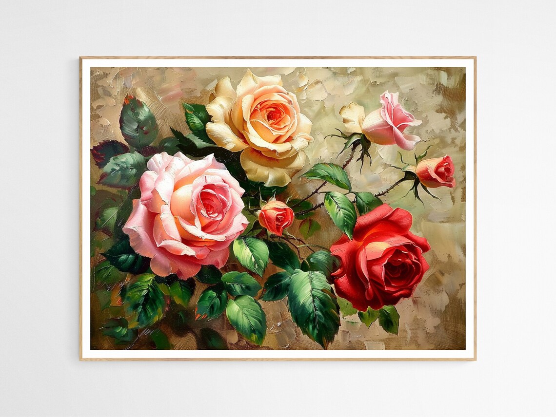 Vintage Roses Oil Painting Pink Cream Red Floral Bouquet Poster
