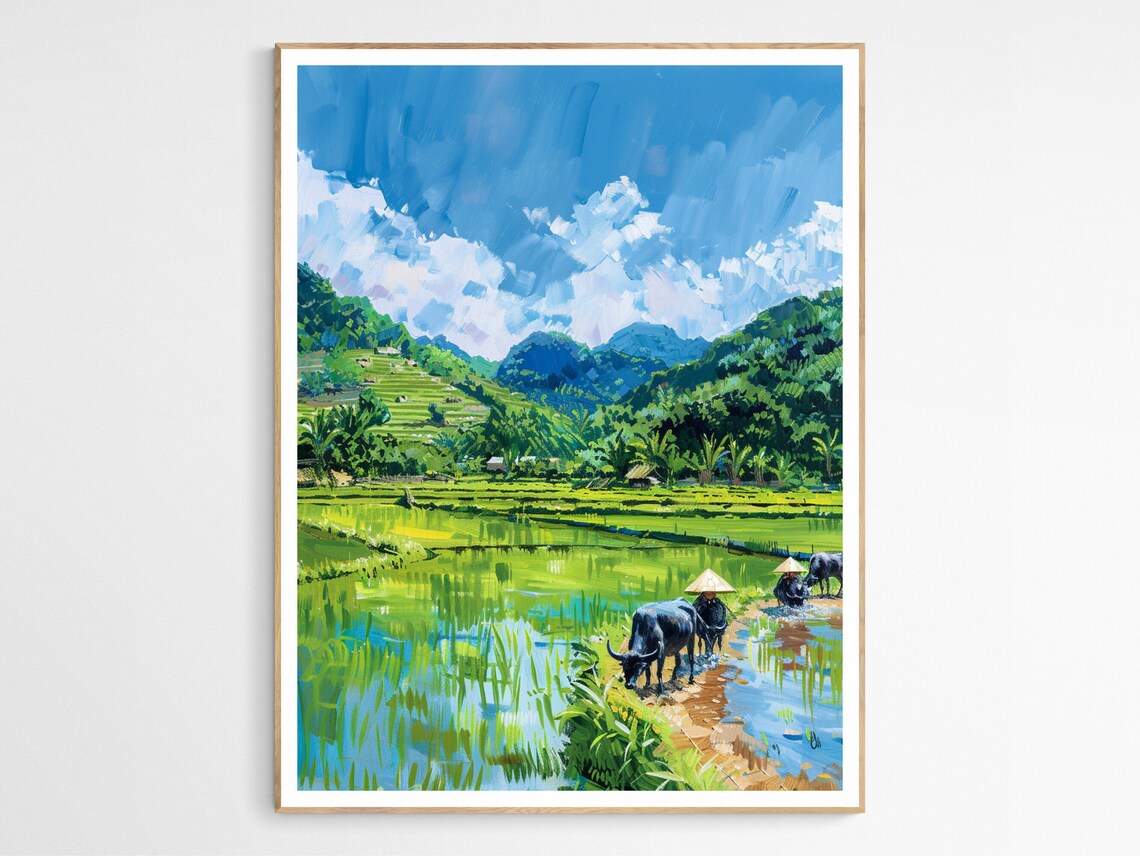 Vietnam Rice Paddies Green Terraces Buffalo Farmers Painting Poster