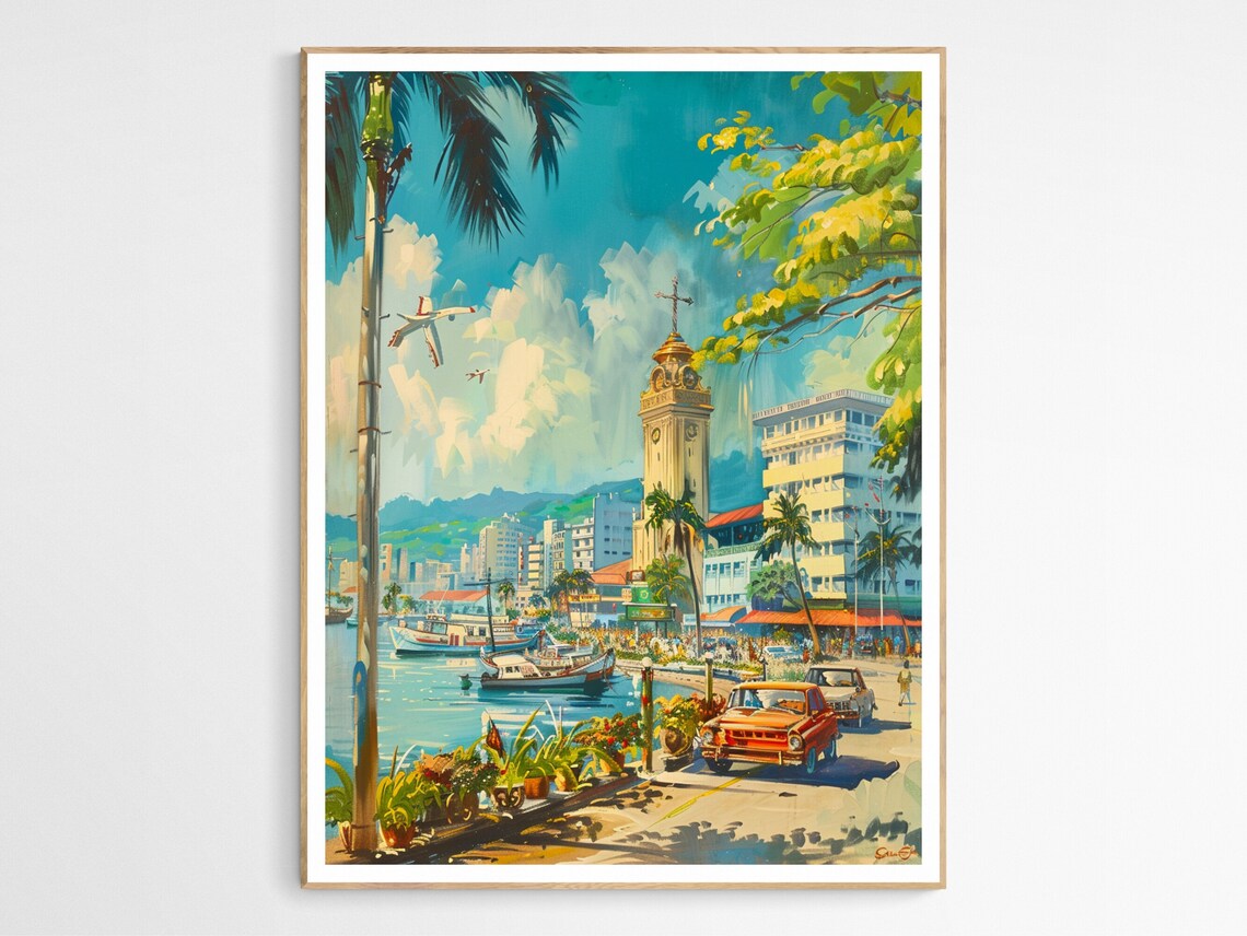 Cebu City Waterfront Vintage Travel Art Magellans Cross Harbor Poster