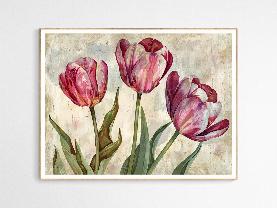 Vintage Pink Striped Tulips Botanical Floral Painting Print Artwork