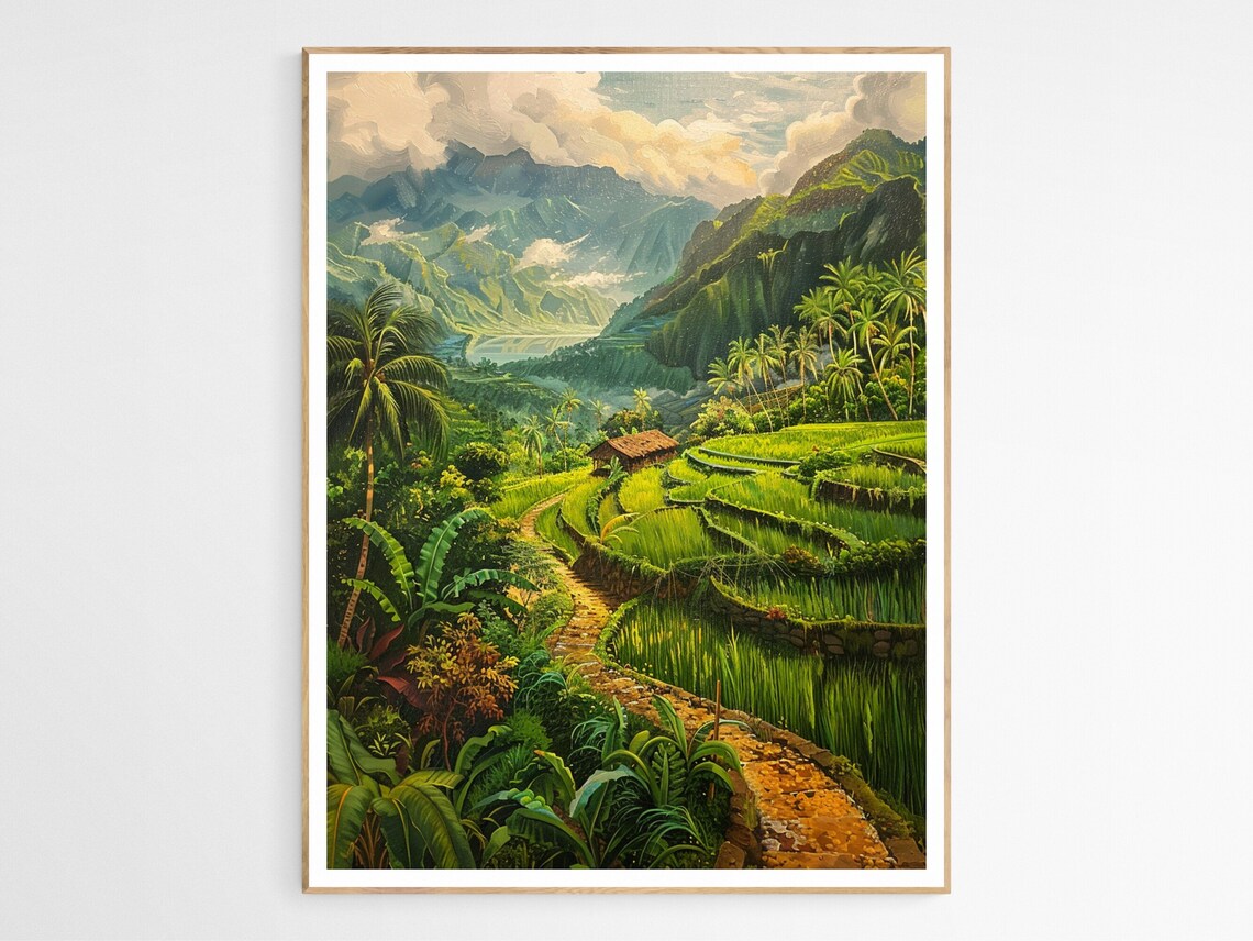 Philippines Lush Green Rice Terraces Mountain Path Tropical Art Poster