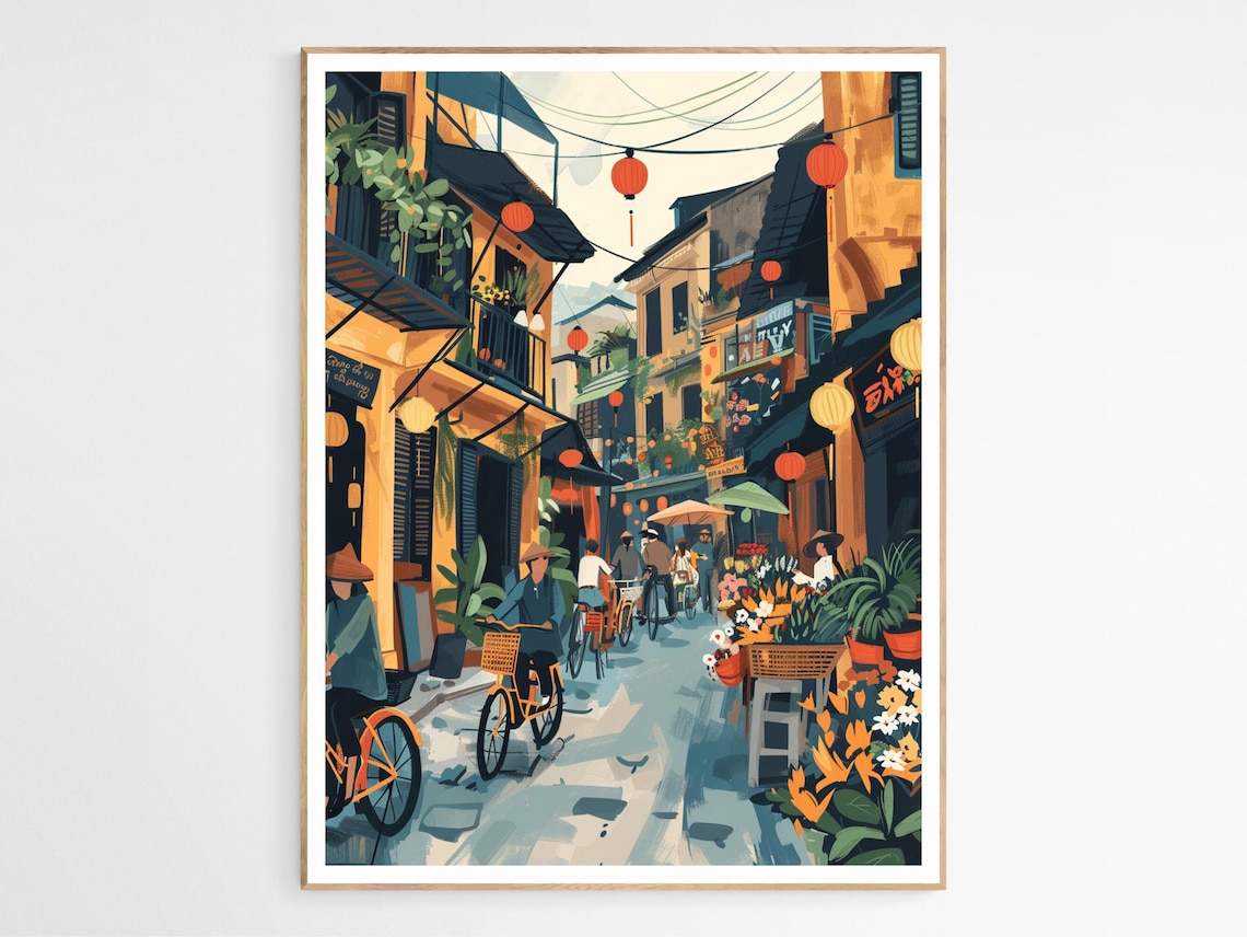 Vietnam Lantern Street Bicycle Bustling Travel Illustration Print