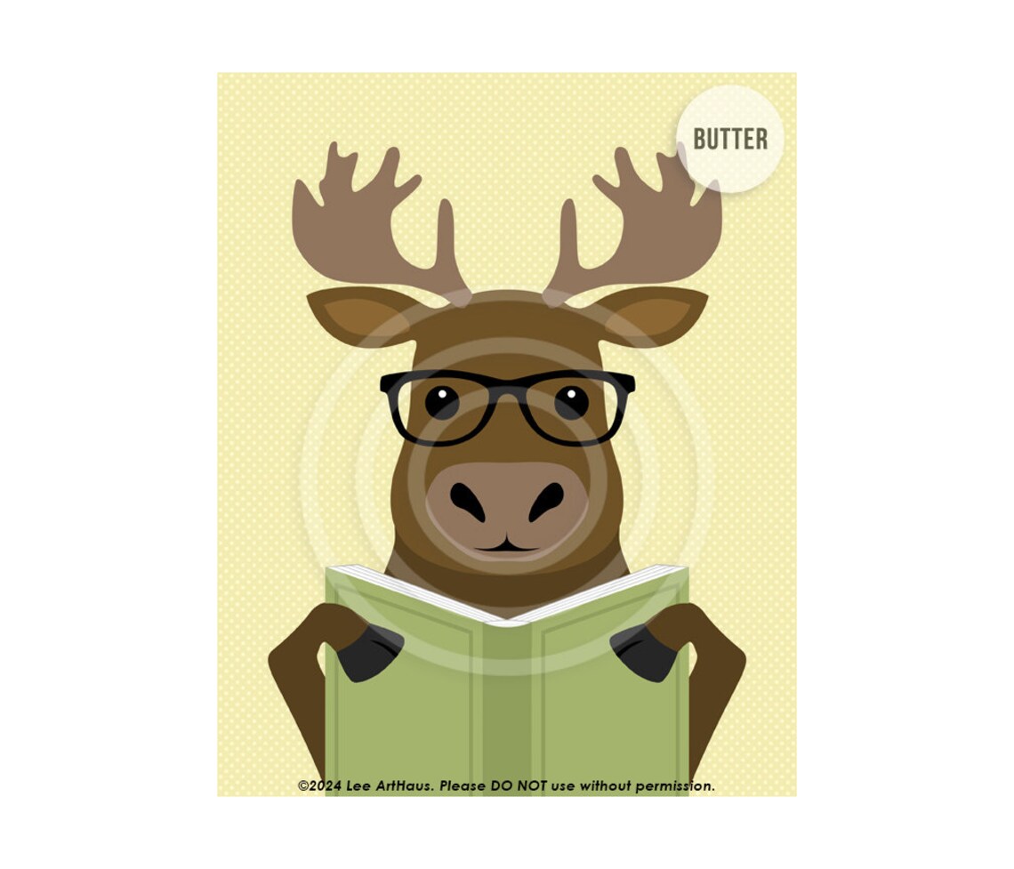 Cute Moose Reading Book With Glasses Aqua Woodland Animal Kids Room Poster - Image 7