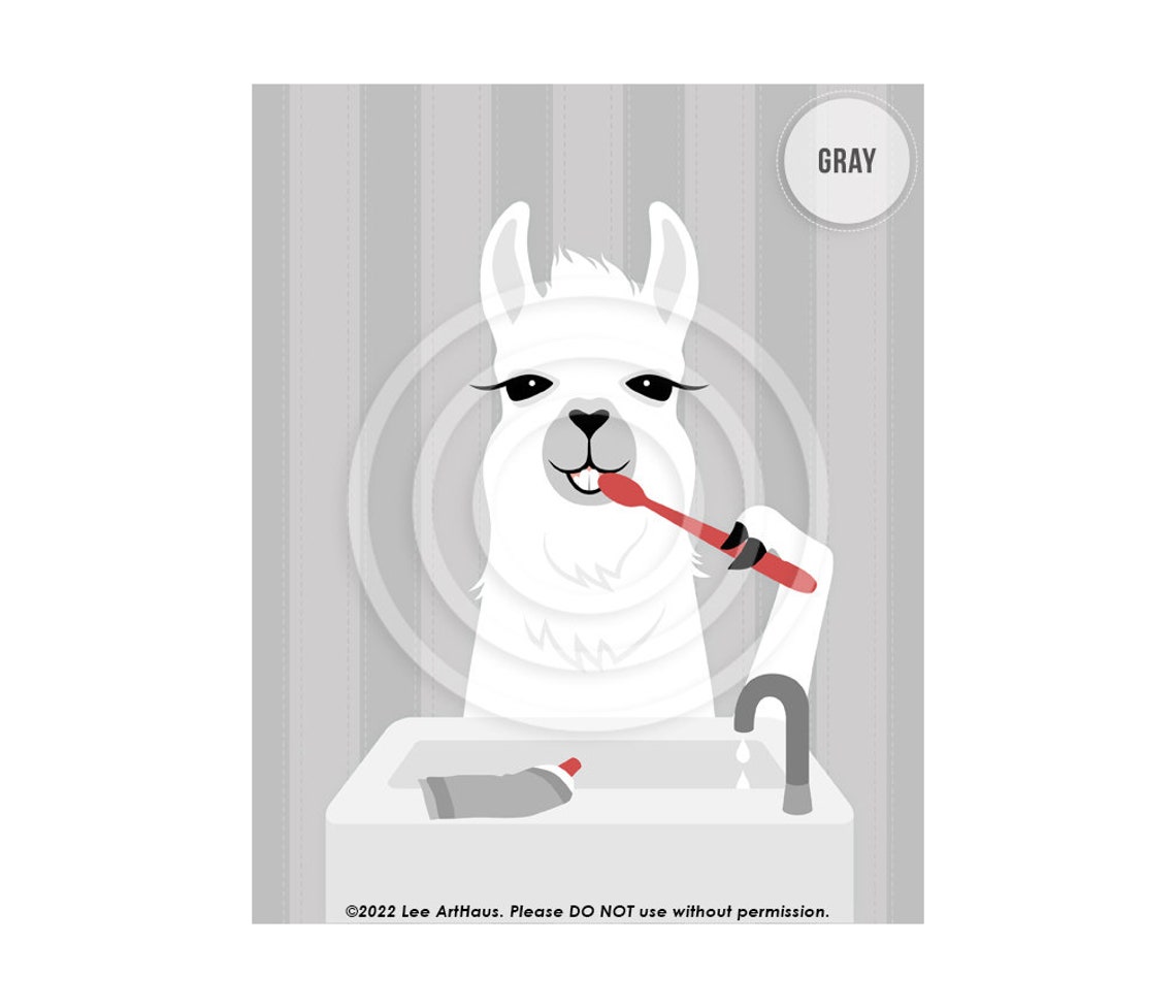 White Llama Brushing Teeth With Red Toothbrush Funny Animal Poster - Image 2