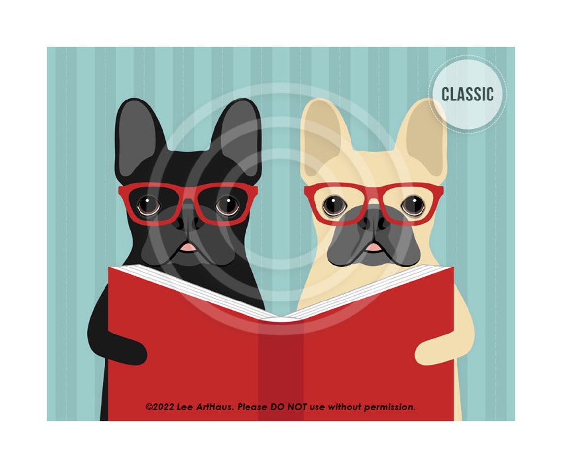 568dp Dog Home Decor Two French Bulldogs Reading Book Wall Art French Bulldog Drawing Book Lover Gift Dog Wearing Eyeglasses