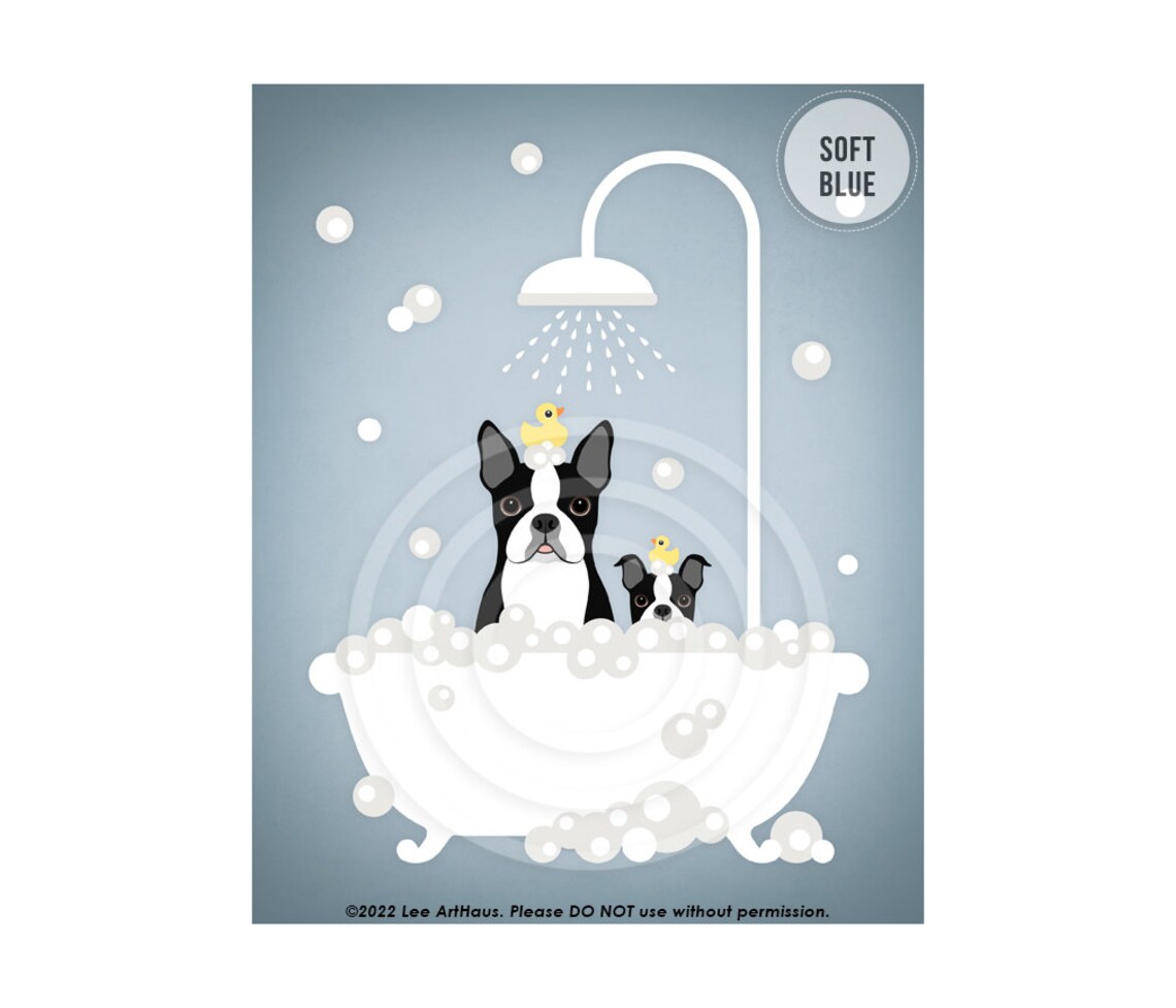 Boston Terrier Dog and Puppy in Bubble Bath Shower Cute Pet Art Poster - Image 2