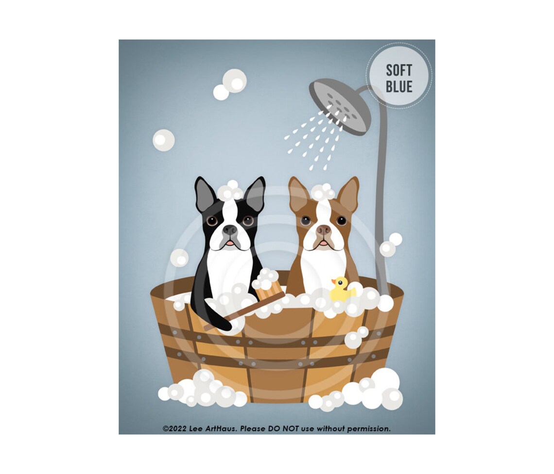 Two Boston Terriers Wooden Tub Bubble Bath Shower Bright Teal Poster - Image 2