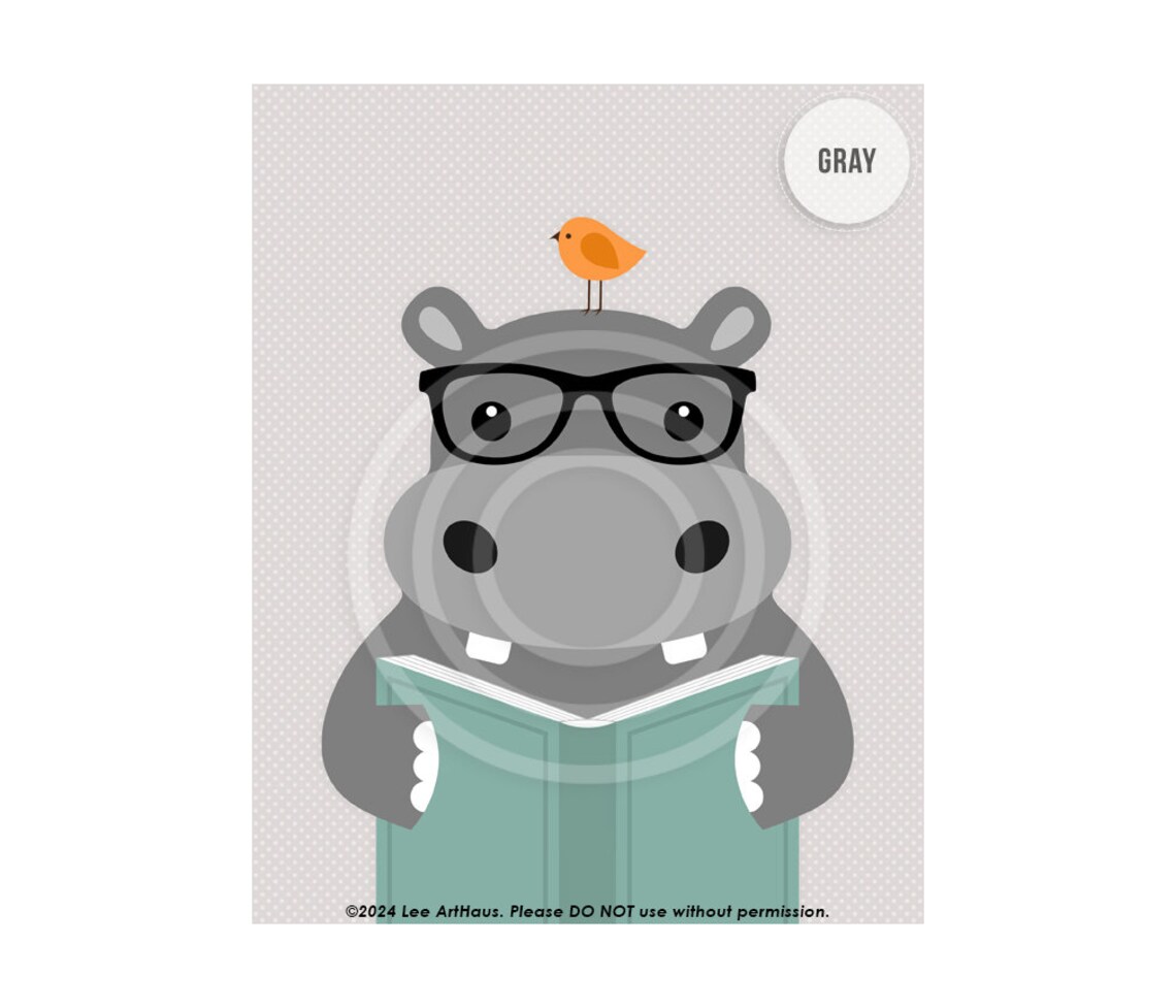 Cute Hippo Reading Book With Glasses Yellow Zoo Animal Nursery Kids Poster - Image 6