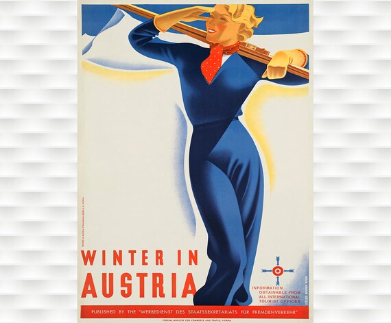 Winter In Austria Woman Skier Blue Suit Vintage Travel Poster