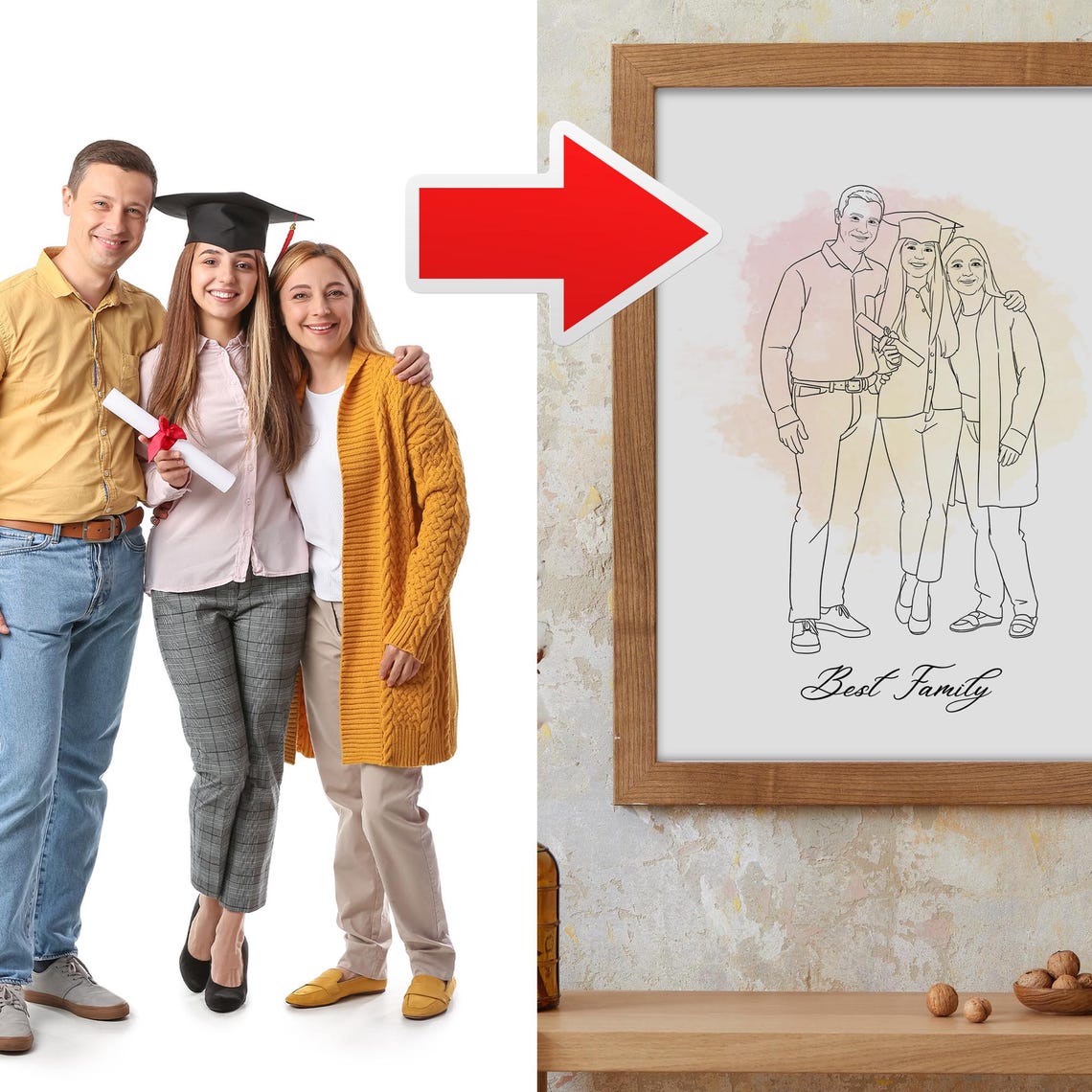 Personalized Family Line Art Portrait Graduation Memory Print