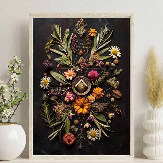 Botanical Wall Art Floral Mandala Poster Boho Flower Print Dark Decor Eclectic Nursery Nature Inspired Gift