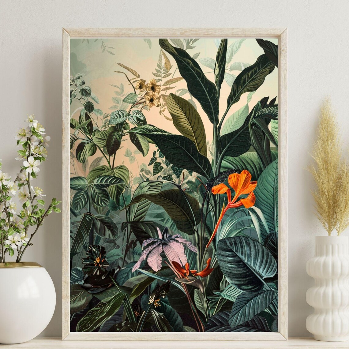 Moody Tropical Jungle Dark Leaves Orange Blooms Nature Art Poster
