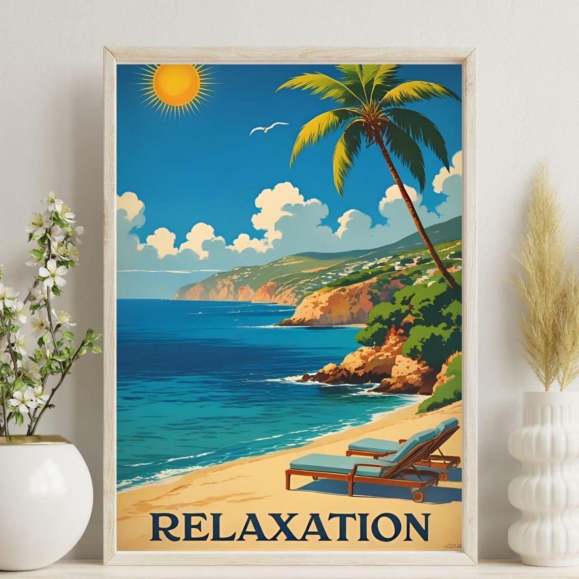 Vintage Relaxation Tropical Beach Palm Sun Ocean Scene Poster