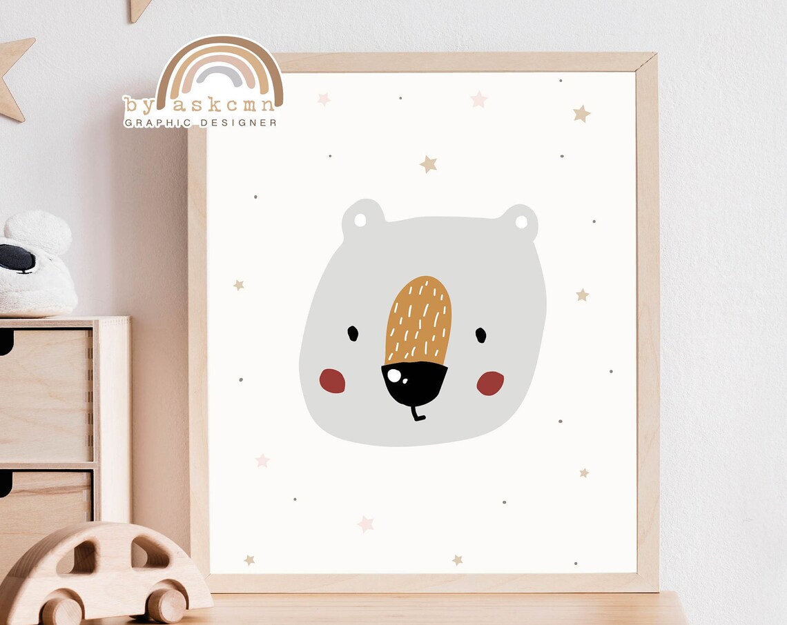 Gray Polar Bear Blush Cheeks Starry Background Cute Nursery Animal Wall Decor Poster