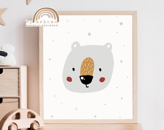 Gray Polar Bear Blush Cheeks Starry Background Cute Nursery Animal Wall Decor Poster