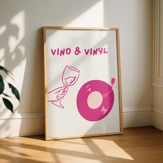 Vino Vinyl Poster Wine Lover Wall Art Record Print Music Gift Pink Aesthetic Girls Night Decor Retro
