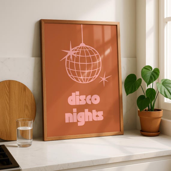 Disco Nights Poster Retro Ball Wall Art 70s Print Funky Decor Vintage Aesthetic Music Lover Gift