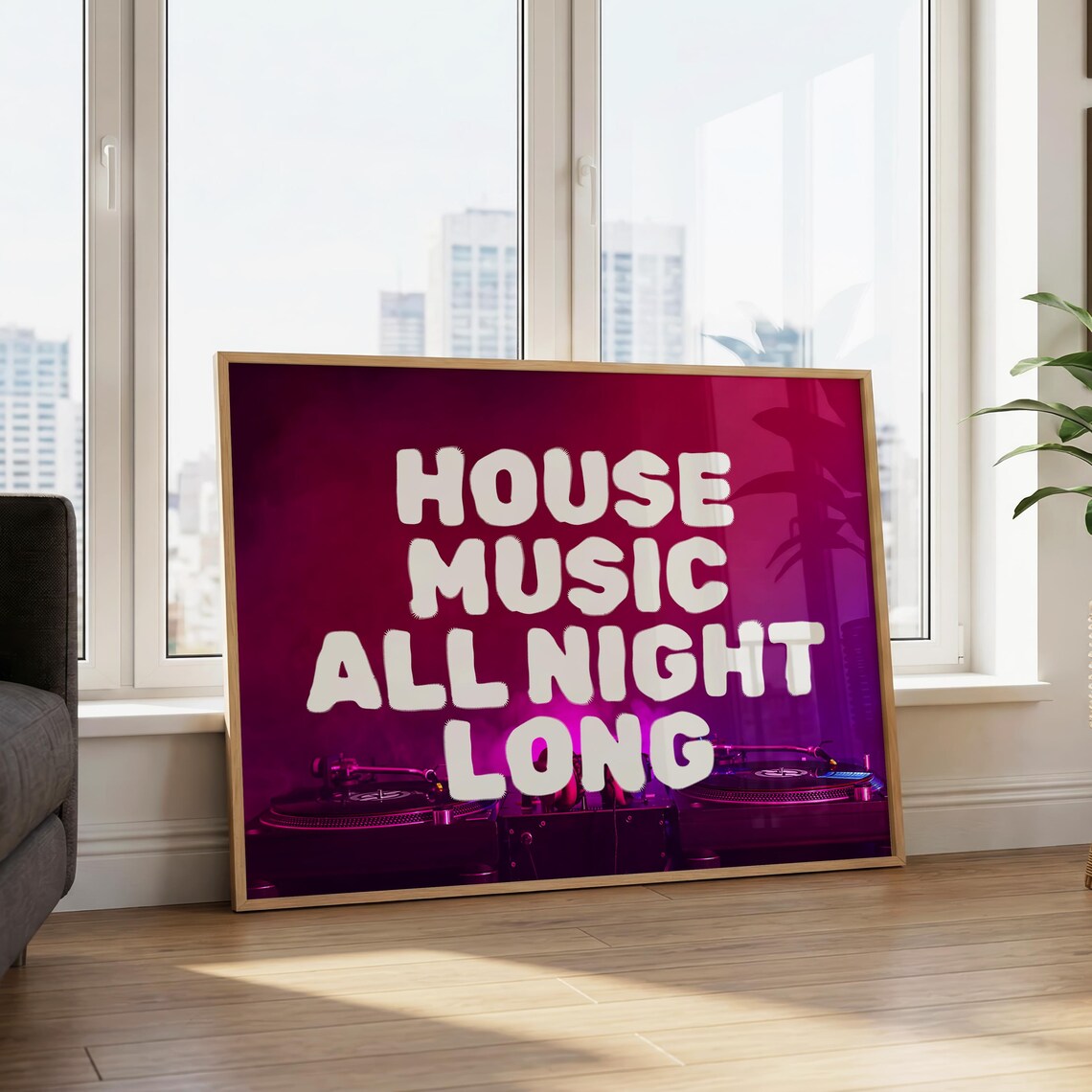 House Music All Night Long DJ Turntables Club Party Neon Art Poster