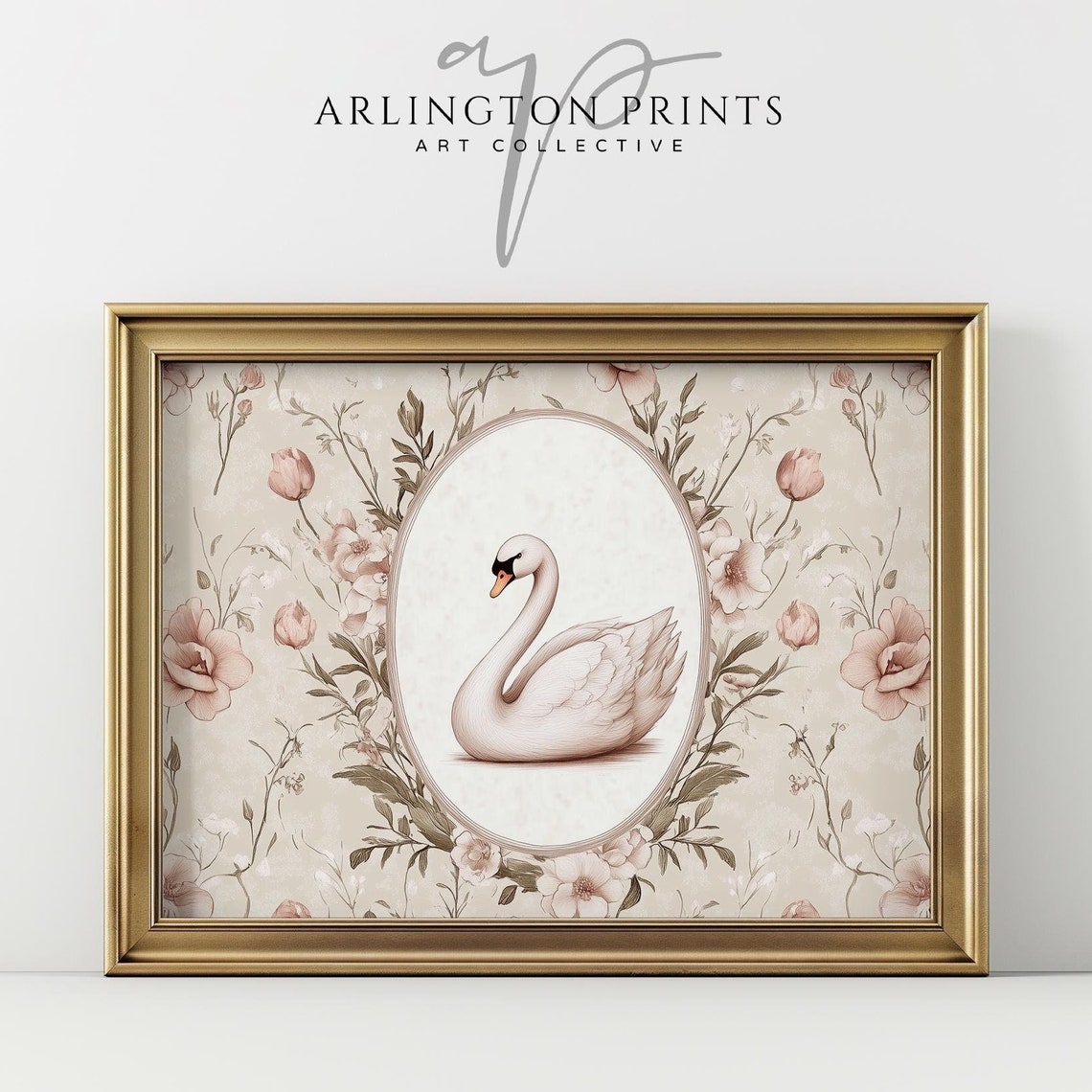 Graceful White Swan Oval Medallion Blush Floral Pattern Wall Print