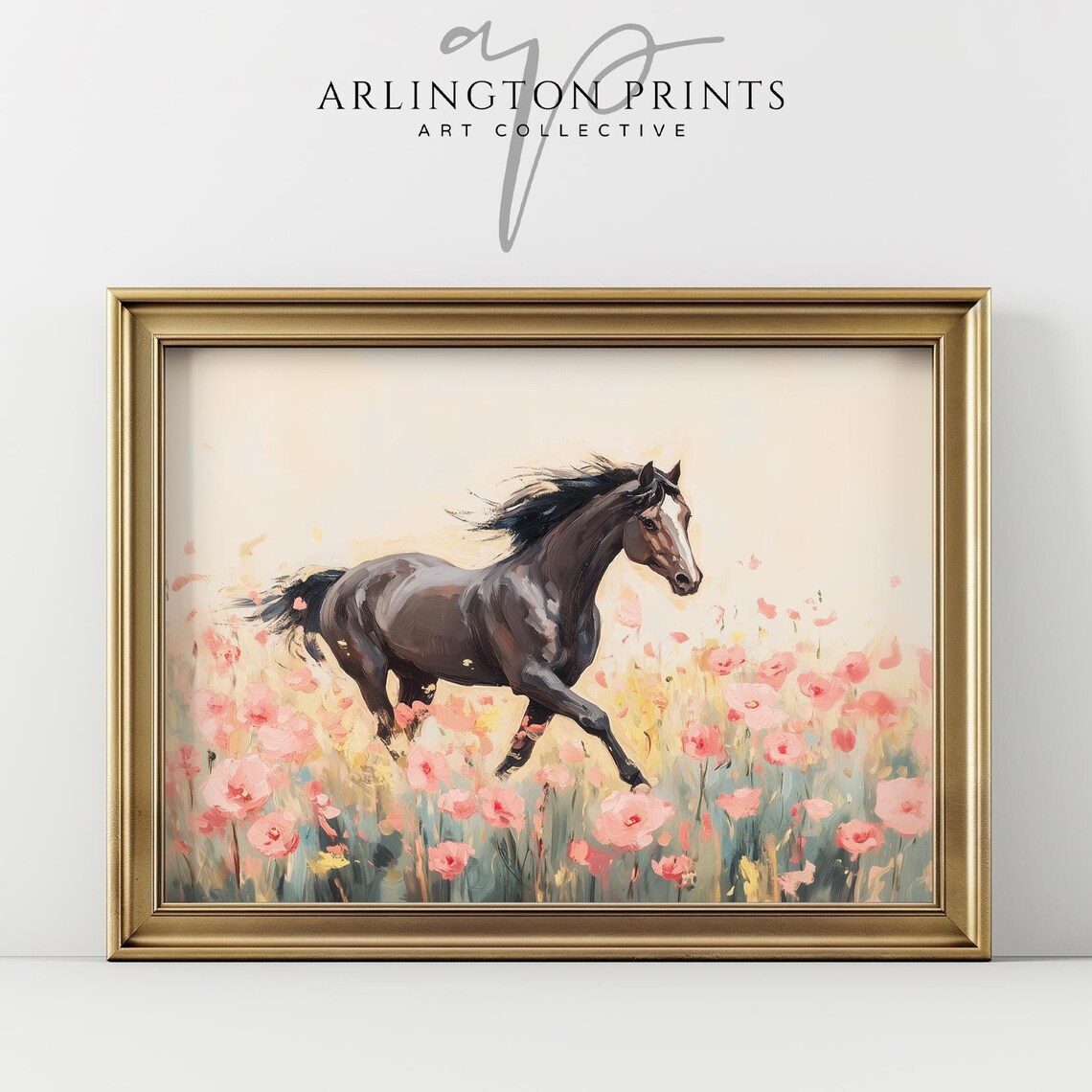 Black Horse Wildflower Meadow Western Art Print