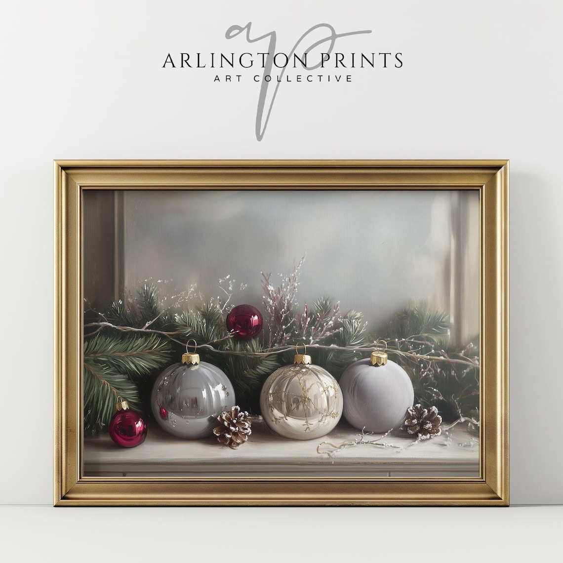 Gray White Christmas Baubles Pine Moody Winter Holiday Wall Print