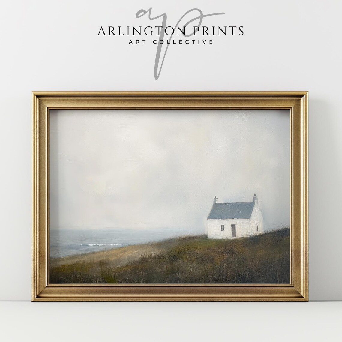 Little Stone Beach Cottage, Minimalist Vintage Ocean Art Print