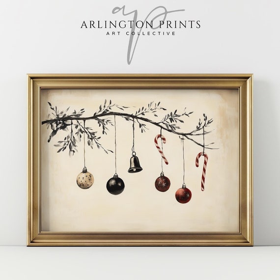 Cute Rustic Christmas Ornaments Print Holiday Wall Art Vintage Red Holiday Home Decor Festive Farmhouse Christmas Art Print