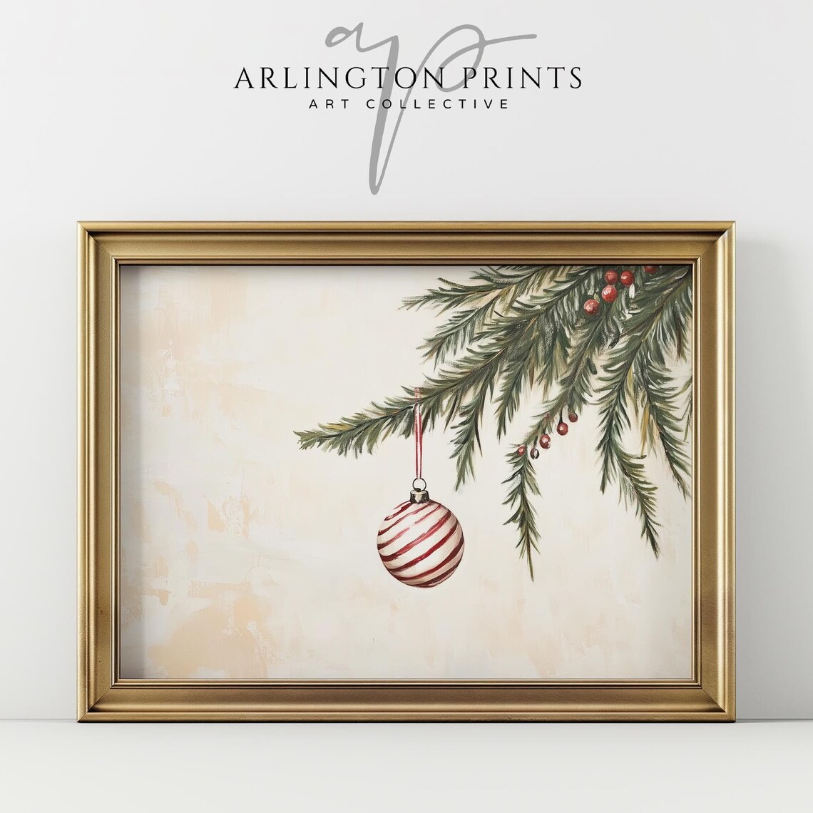 Minimalist Striped Christmas Ornament Evergreen Branch Poster