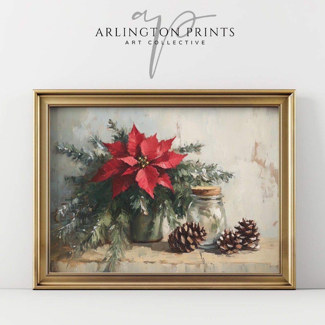 Red Poinsettia Pinecones Rustic Still Life Christmas Wall Print