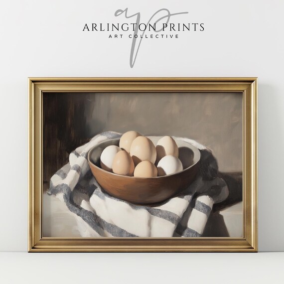 Wooden Bowl Of Farm Eggs On Striped Linen Oil Painting Poster