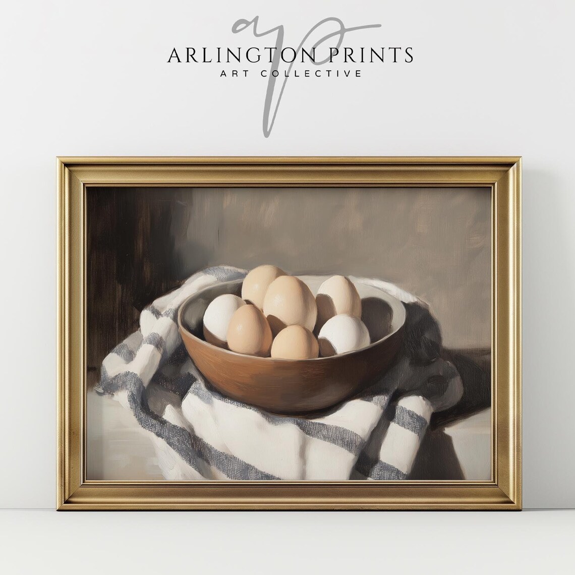 Wooden Bowl Of Farm Eggs On Striped Linen Oil Painting Poster