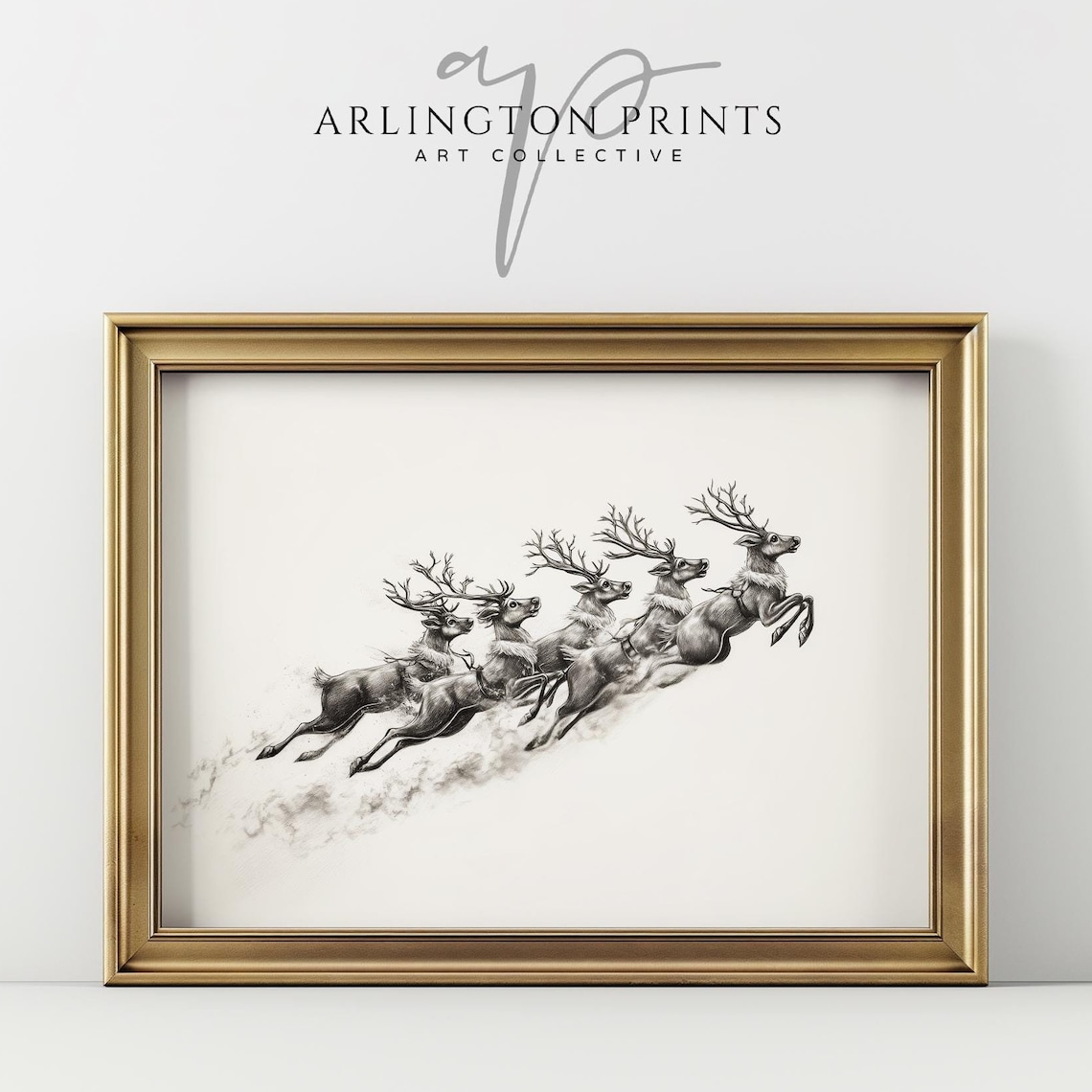 Five Flying Reindeer Charcoal Sketch Santa Team Winter Drawing Poster
