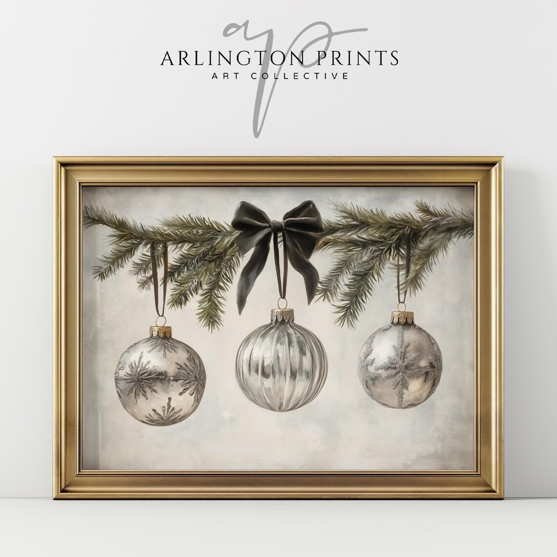 Silver Glass Christmas Ornaments Evergreen Garland Black Bow Poster
