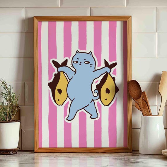 Cat And Fish Print Pink Striped Poster Funny Wall Art Shipped Kitten Artwork Sardine