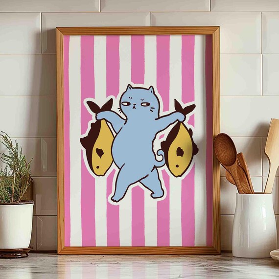 Cute Blue Cat Holding Two Fish Funny Pink Striped Kitchen Wall Art
