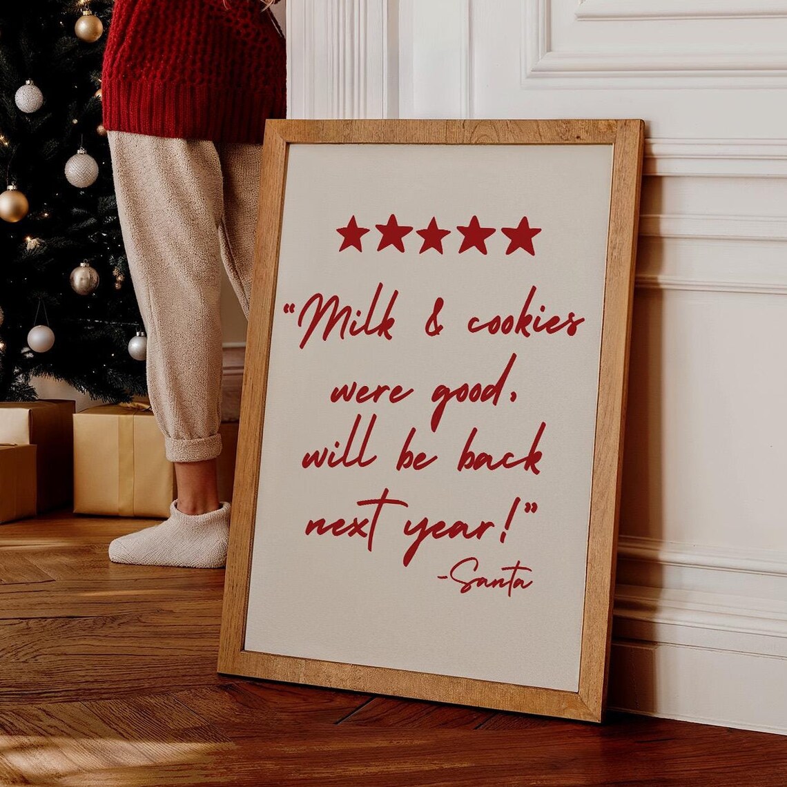 Santa Five Star Cookies Review Red Calligraphy Funny Christmas Poster