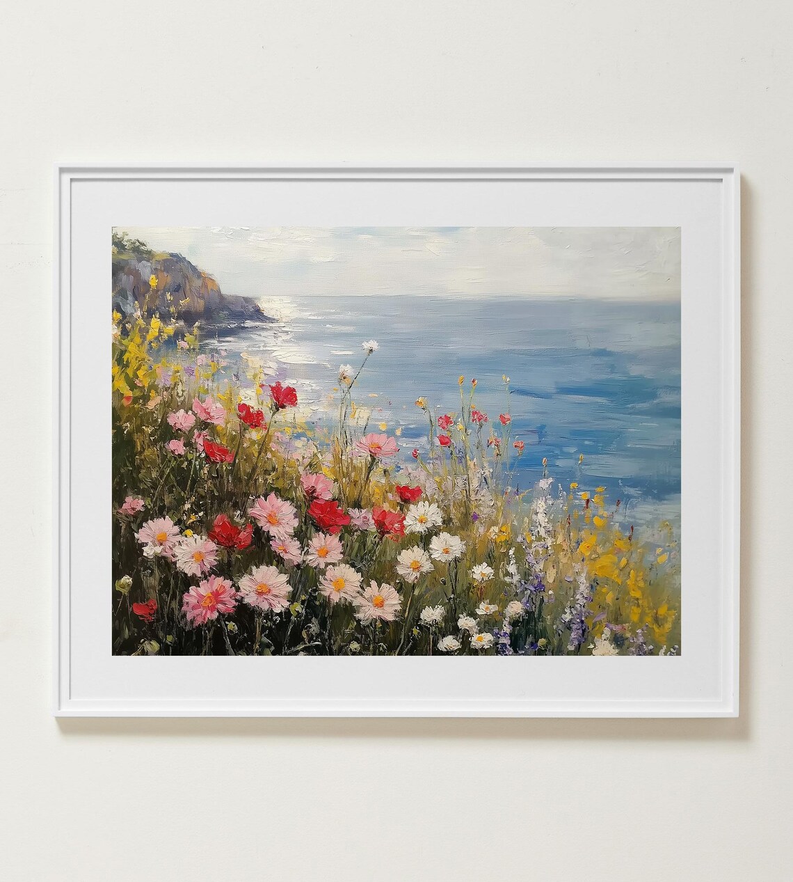 Wildflower Cliff Above A Sparkling Blue Ocean Impressionist Poster