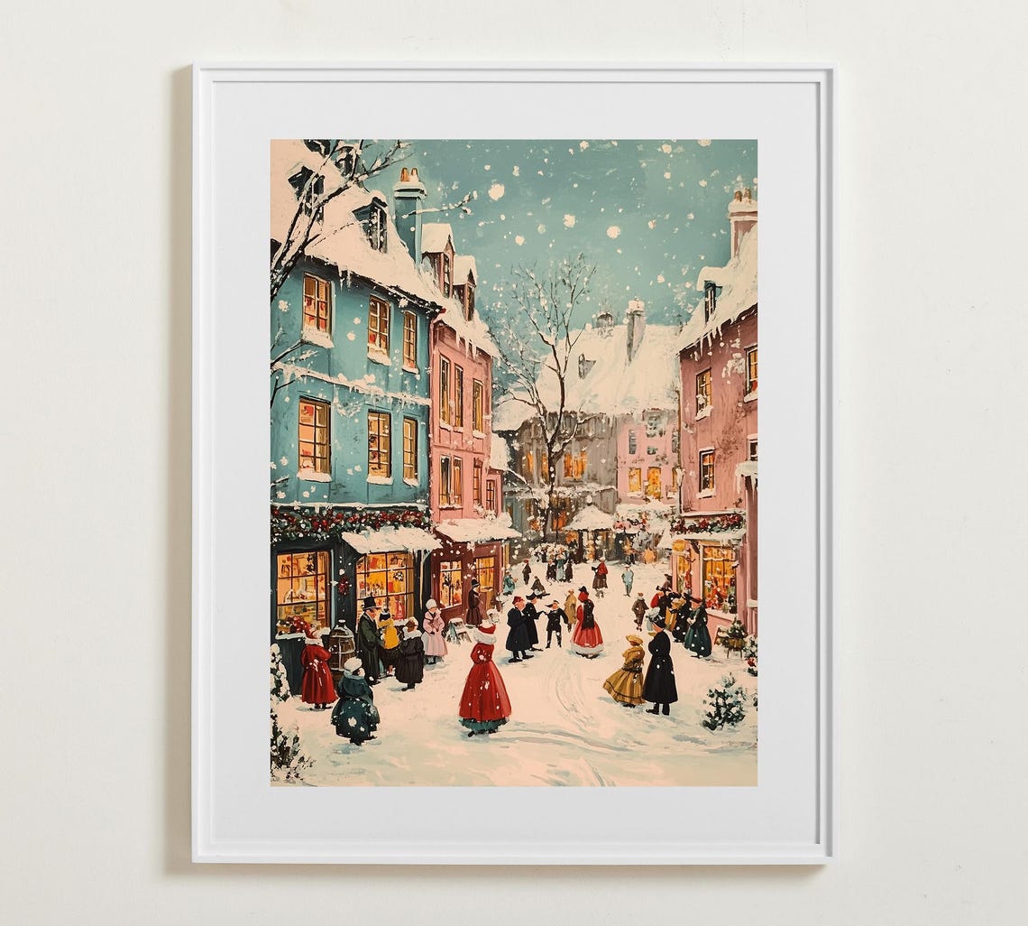 Old Time Christmas Street with Shoppers in Snow Vintage Scene Poster