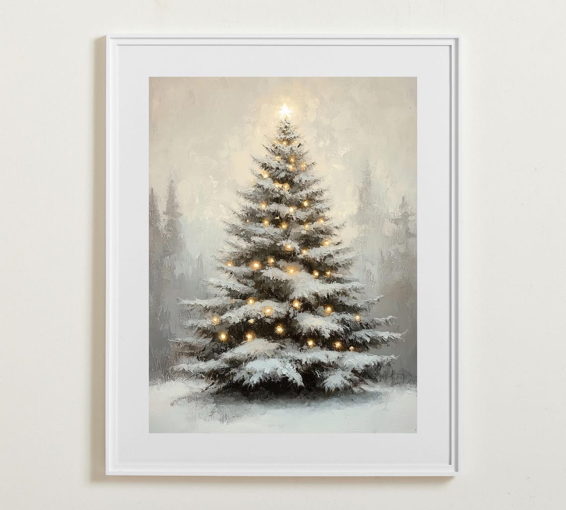 Snow Covered Christmas Tree with Lights and Star Topper Night Poster