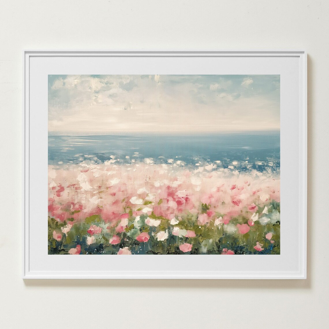 Pink Wildflowers Ocean Coast Dreamy Pastel Impressionist Floral Seascape Poster