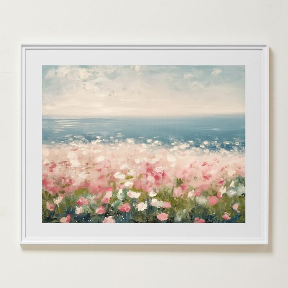Pink Wildflowers Ocean Coast Dreamy Pastel Impressionist Floral Seascape Poster