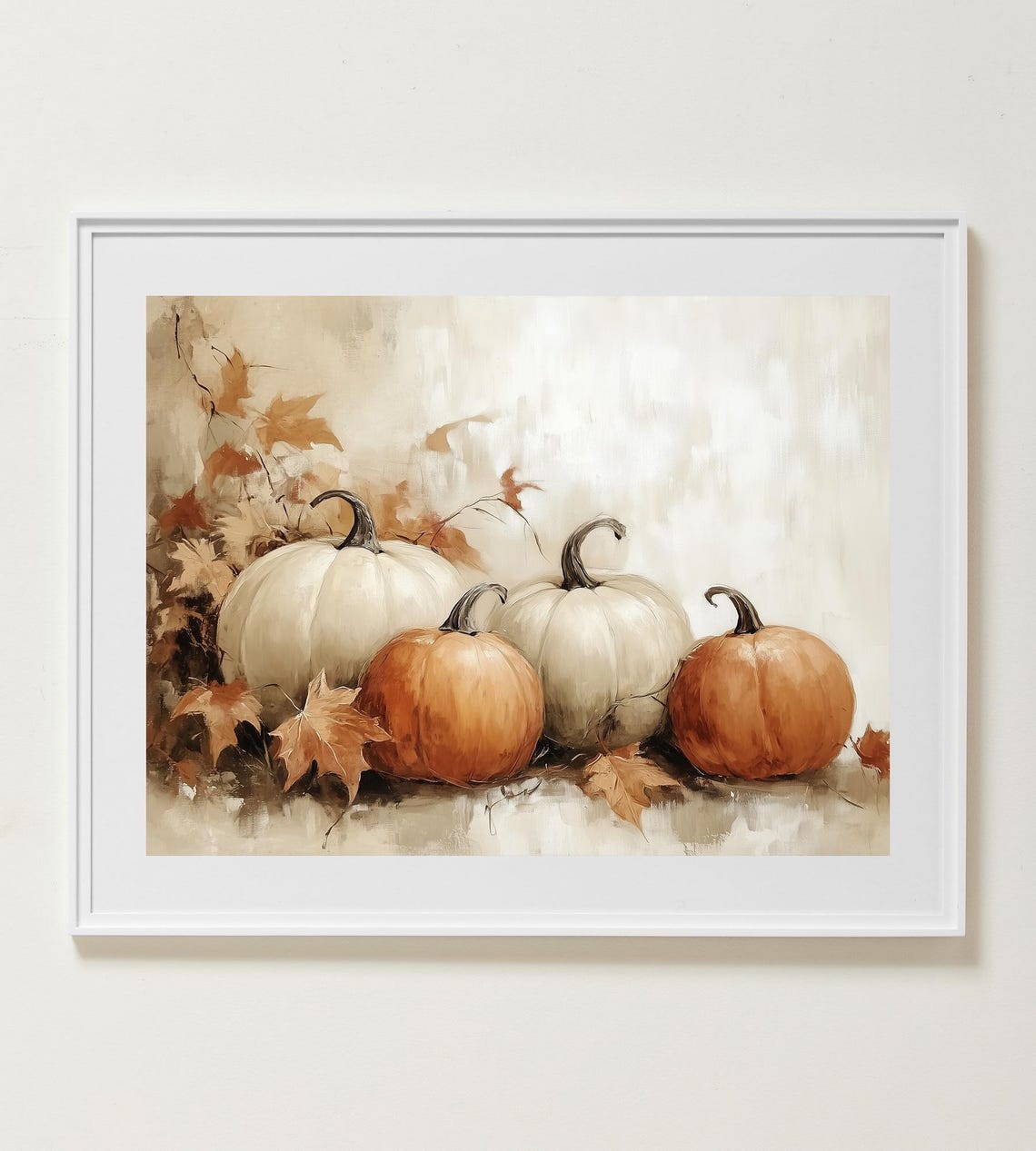 White And Orange Pumpkins With Fall Leaves Vintage Farmhouse Poster