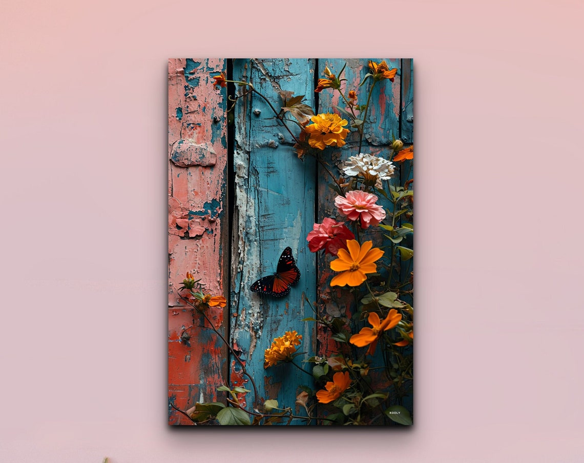Weathered Blue Wood Floral Butterfly Garden Botanical Wall Art
