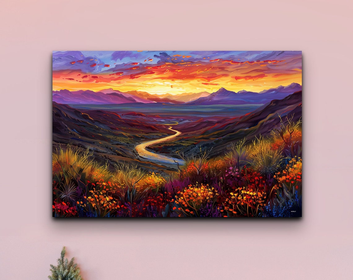 Fiery Sunset Over a River Valley With Wildflower Foreground Poster