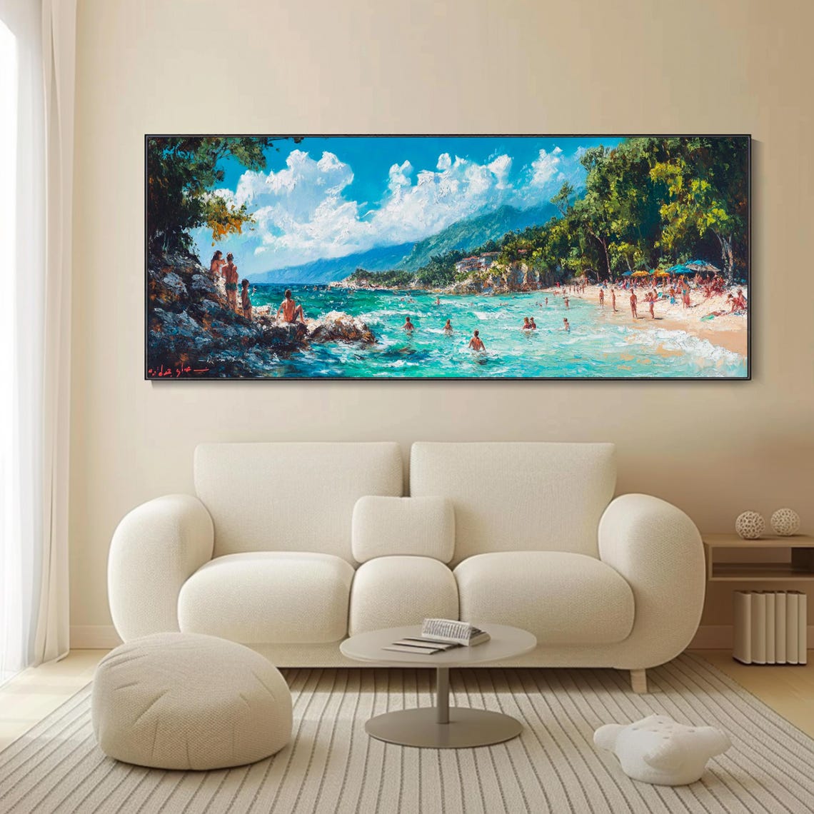 Sunny Beach Crowd Swimming Turquoise Water Coastal Seascape Wall Art - Image 5