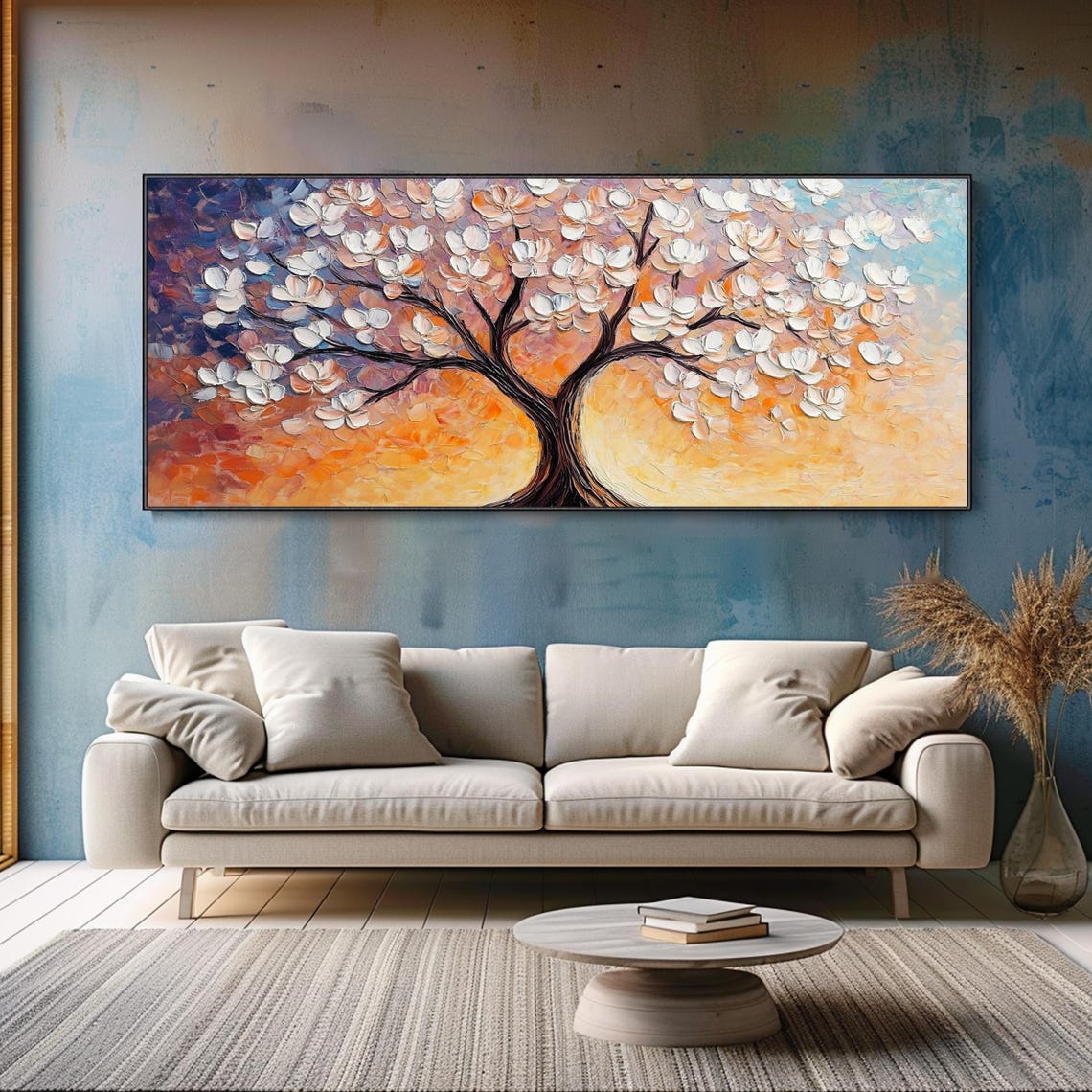 White Blossom Tree Sunset Orange Sky Textured Oil Painting Wall Art - Image 2