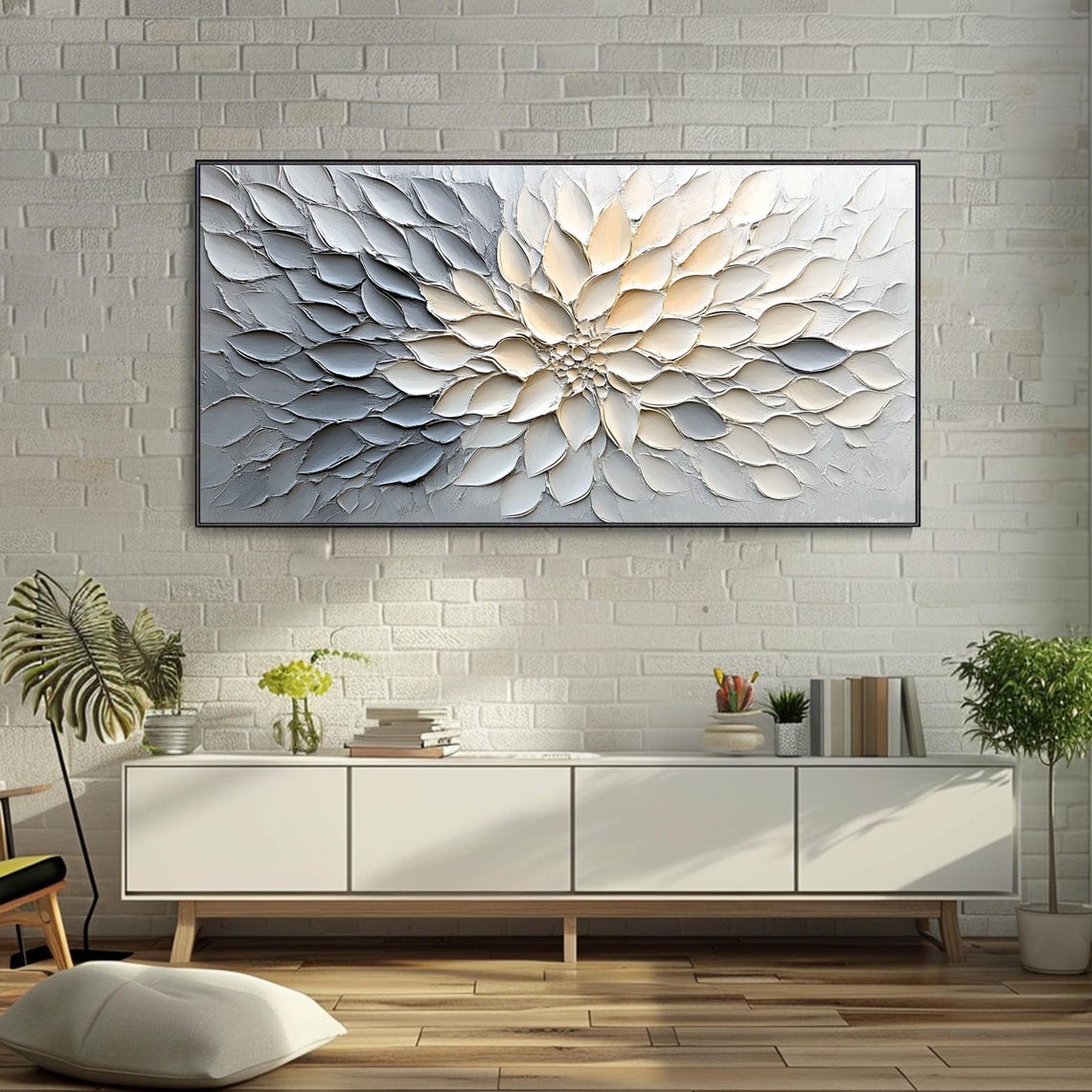White Dahlia Abstract Flower Gray Petals Sculptural Texture Oil Poster - Image 3