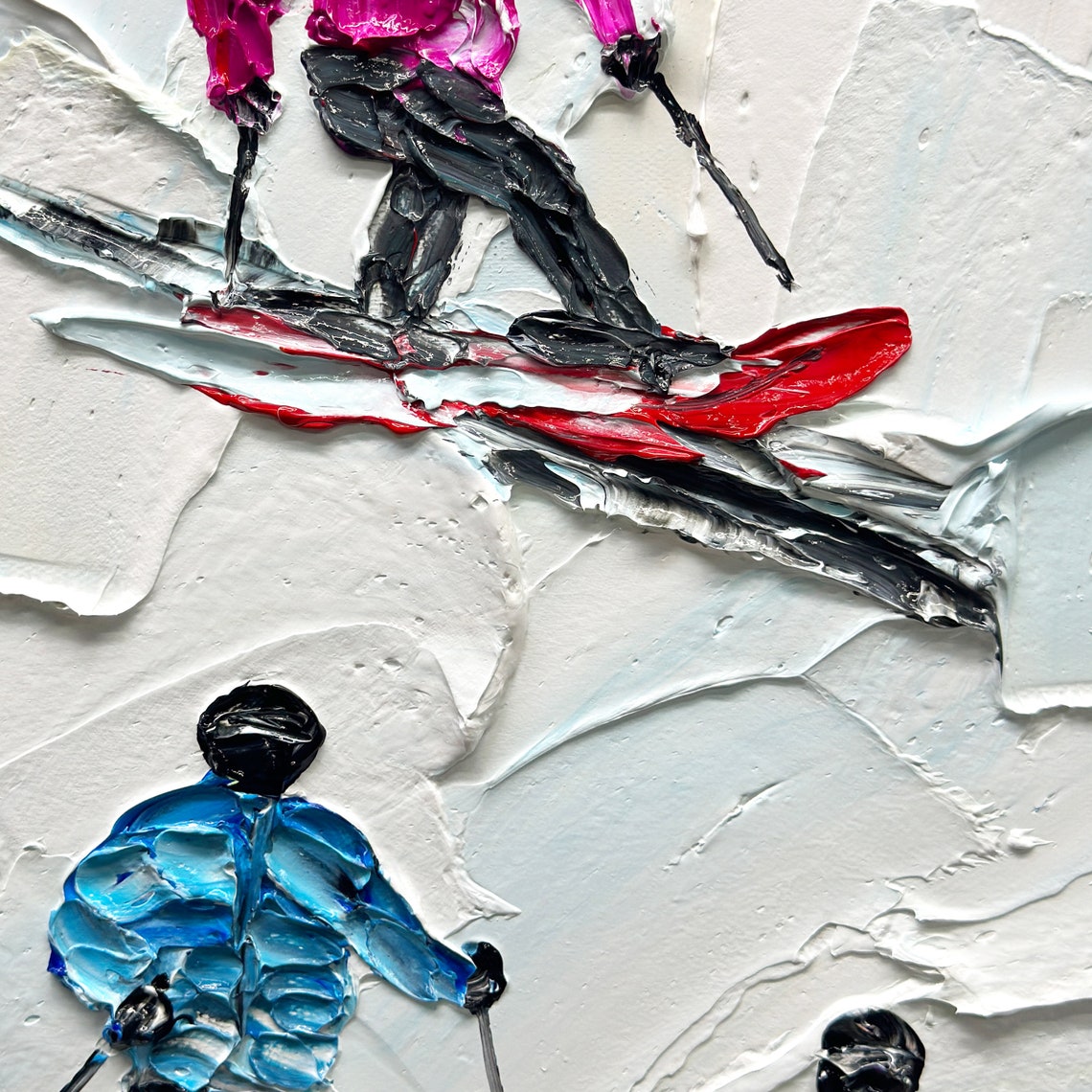 Three Skiers Descending Snow Slope Impasto Oil Painting Poster - Image 2